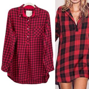 Victoria’s Secret Silk Cotton Blend Tartan Plaid Sleep Lounge Shirt Size Medium‎